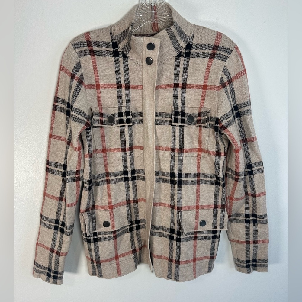 Joie Red and Black Nova Check Plaid zip up Sweater Jacket Size Medium